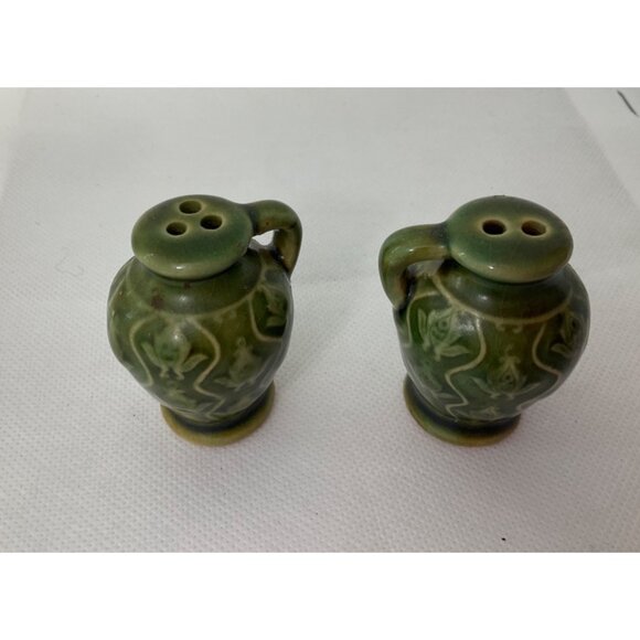 Vintage Handpainted Mini Pottery Picthers Pepper and salt shakers Green MCM - Picture 2 of 6